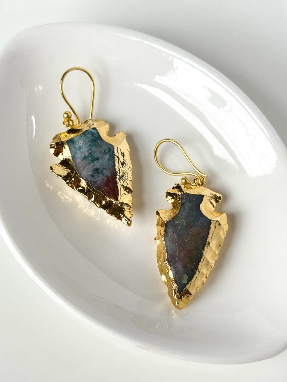 18K Gold Plated Blue & Red Agate Arrowhead Hook Earrings